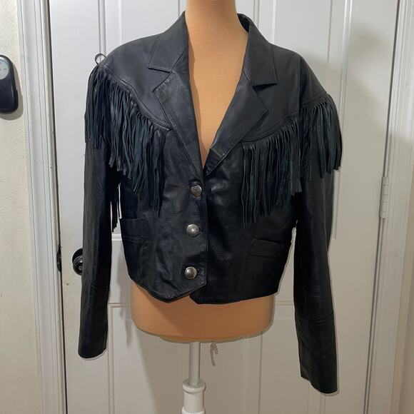 VTG PIONEER WEAR CROPPED BLACK LEATHER WESTERN MOTO JACKET WOMEN'S SIZE 16 - Picture 1 of 8
